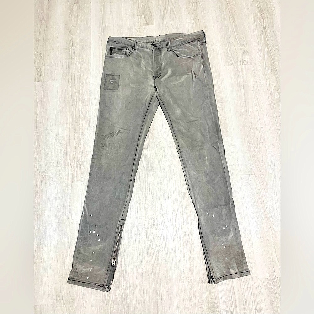 MNML Grey Distressed Paint Splatter Ankle Zip Skinny Slim Jeans 34